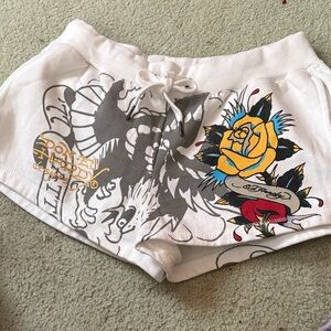 Ed Hardy Women's White and Yellow Graphic Athletic Shorts